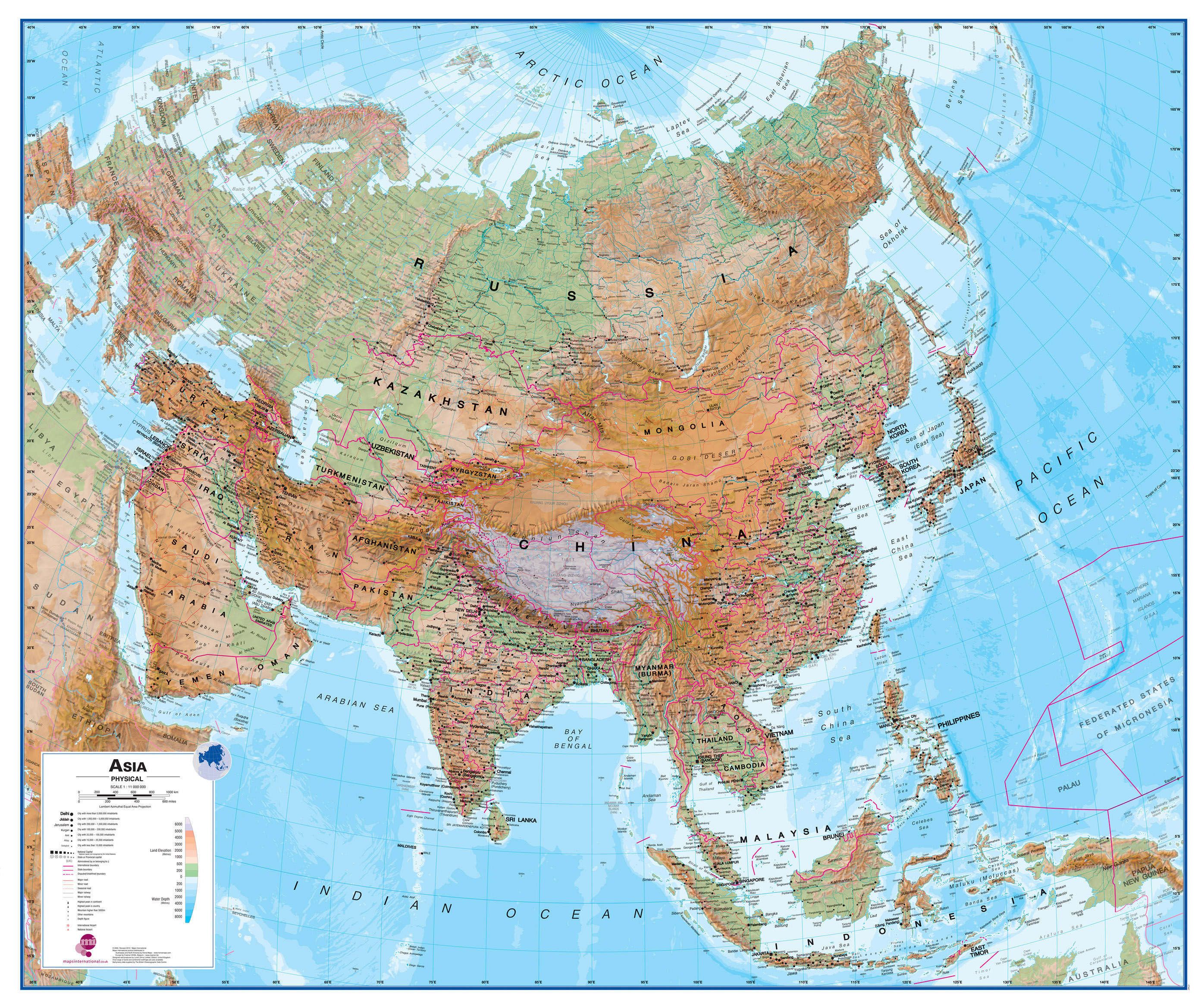  Physical  Asia  Wall Map 