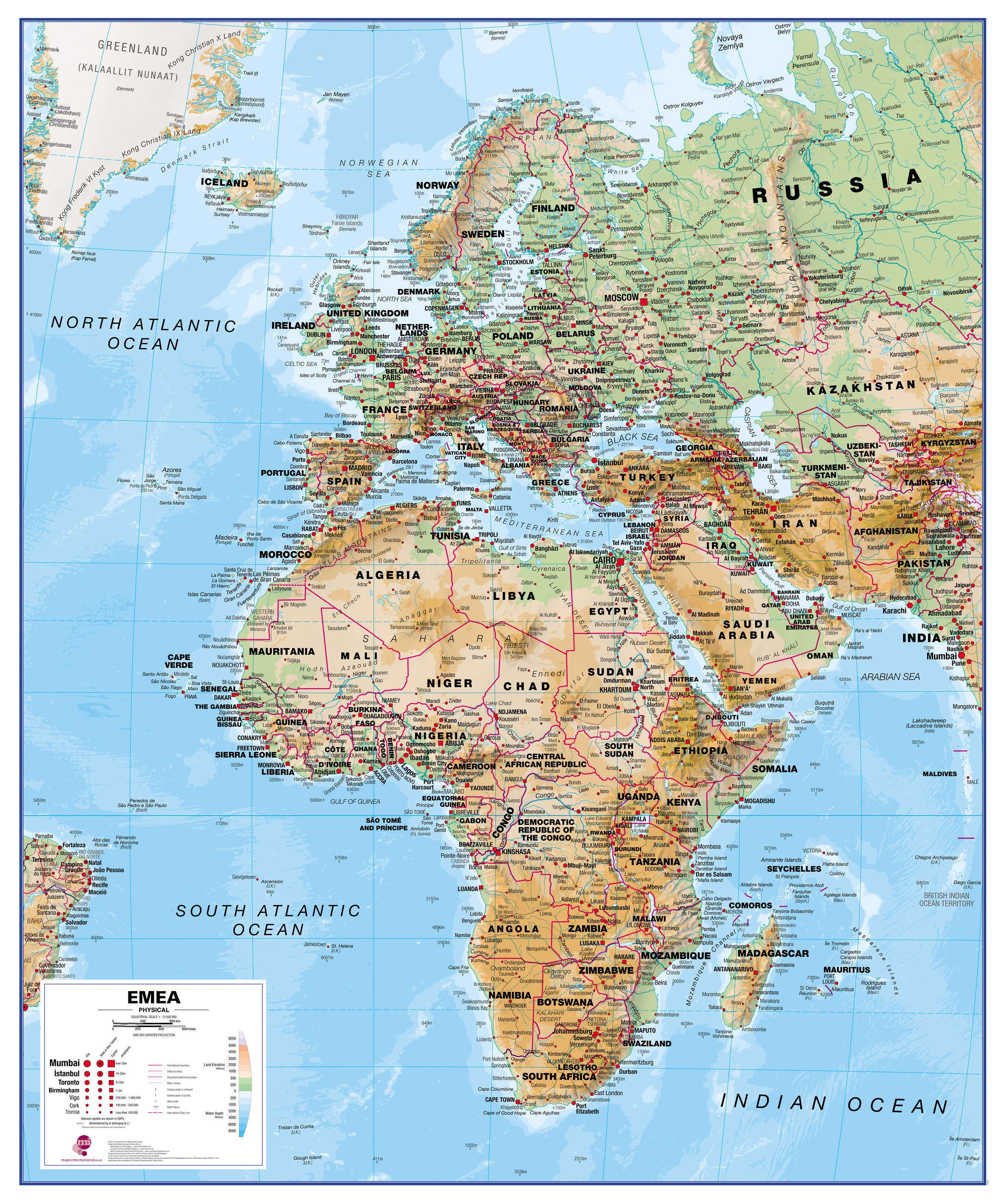 Map Europe And Middle East Physical Europe Middle East Africa Map | EMEA Map