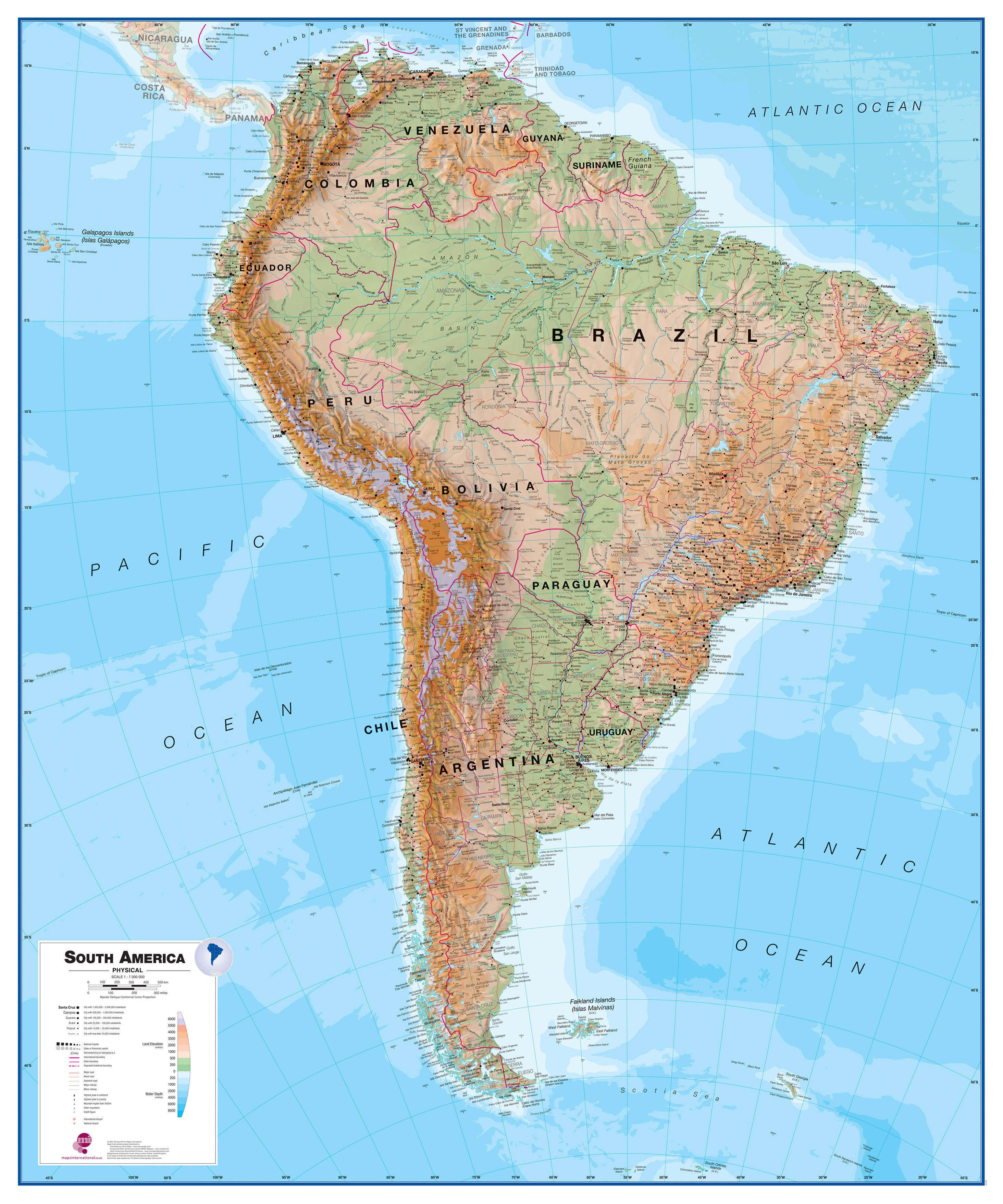 Physical South America Wall Map