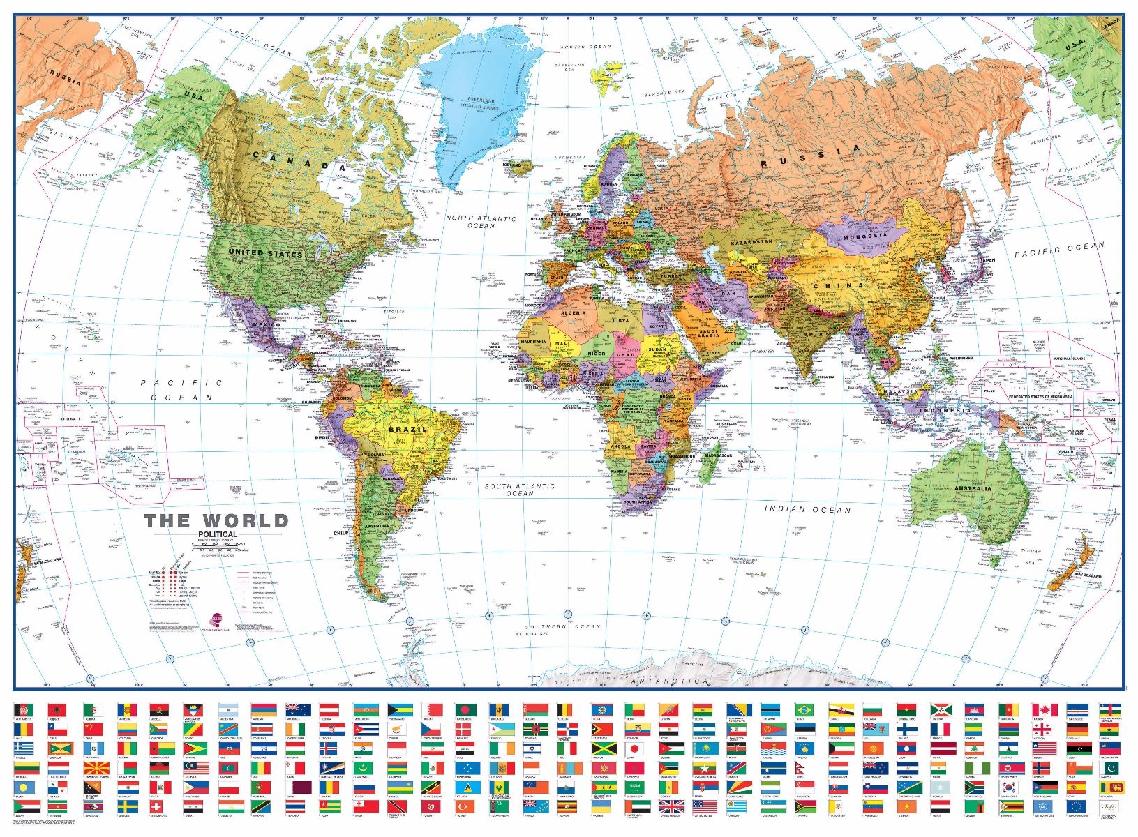 Flag Of The World Map Political World Wall Map with flags   White Ocean