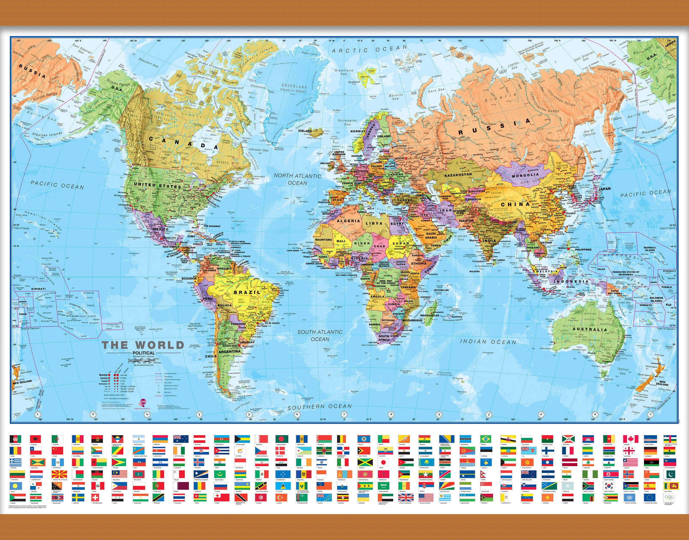 Medium Political World Wall Map With Flags Wooden Hanging Bars