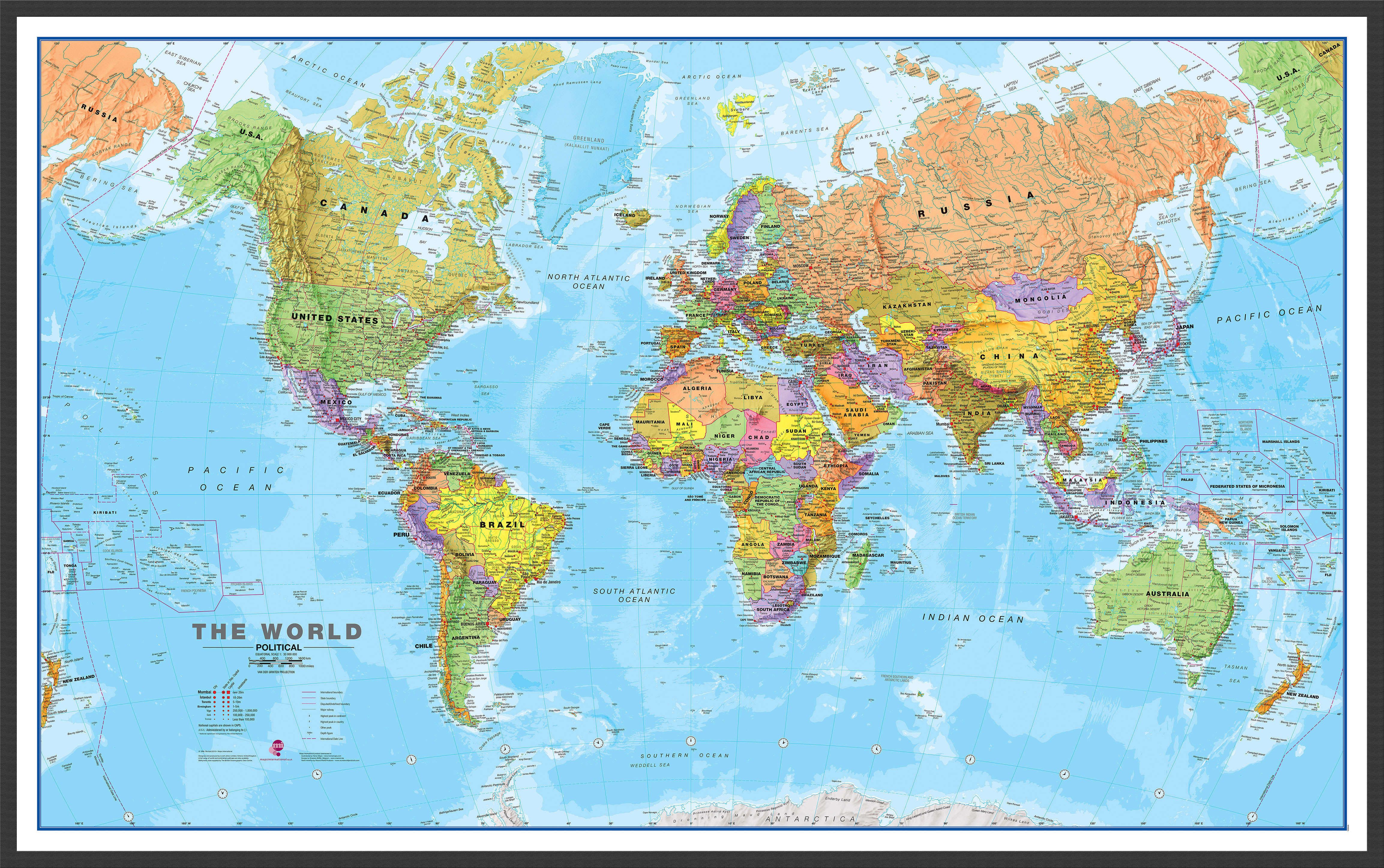 Large Wood Frame World Map Political (Black)