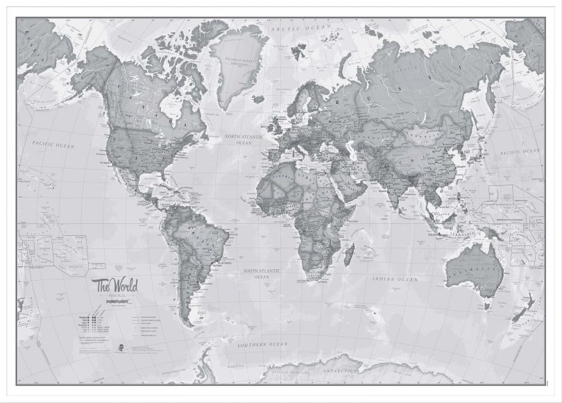 Large The World Is Art Wall Map - Grey (Wood Frame - White)