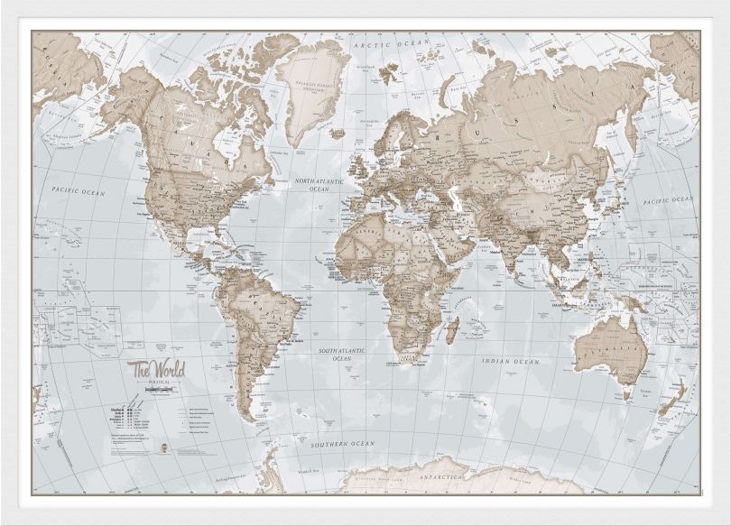 Small The World Is Art Wall Map - Neutral (Wood Frame - White)