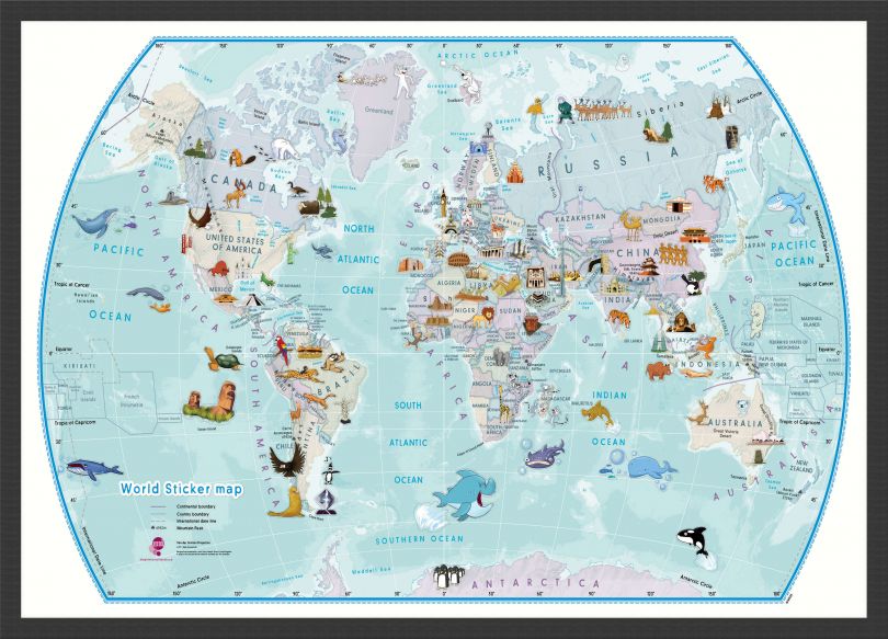 World Illustrated Sticker Map (Pinboard & wood frame - Black)