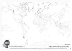 Outline black and white World map with country borders only.